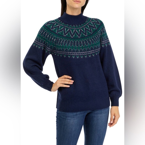 Crown & Ivy Navy Blue Fair Isle Sweater Soft Knit Mock Neck Cozy Warm Casual XL - Picture 1 of 12